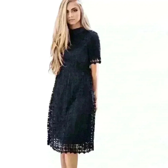 Jessakae Collared Navy Lace Overlay Short Sleeve Zip Back Midi Dress Women’s M - Picture 1 of 10